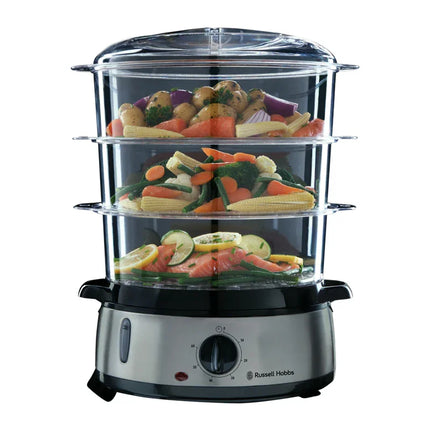Ångkokare i rostfritt stål från Russell Hobbs med grönsaker och lax, köksprodukt Nordic Cookware