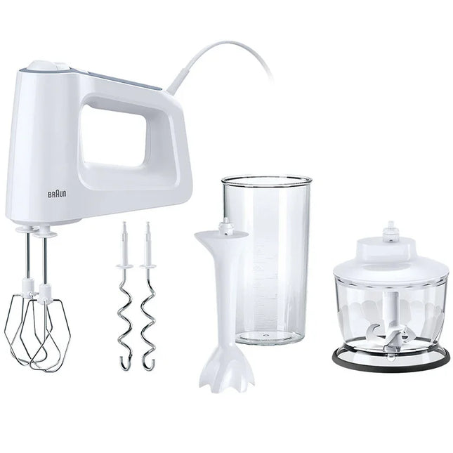 Vit Braun elvisp med tillbehör, vispar, degkrokar, mixerstav, bägare och hackare, Nordic Cookware