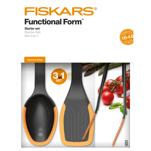 Fiskars Functional Form startset köksredskap 3-i-1, svart och orange, Nordic Cookware