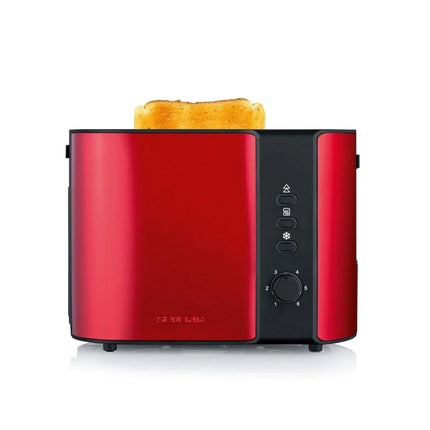 Röd Severin brödrost med rostbröd, modern design köksmaskin, Nordic Cookware