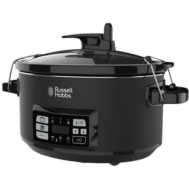 Svart slow cooker från Russell Hobbs med digital kontrollpanel, Nordic Cookware köksutrustning.