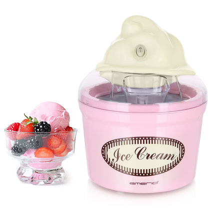 Rosa glassmaskin och skål med bärglass, perfekt för Nordic Cookware kök.