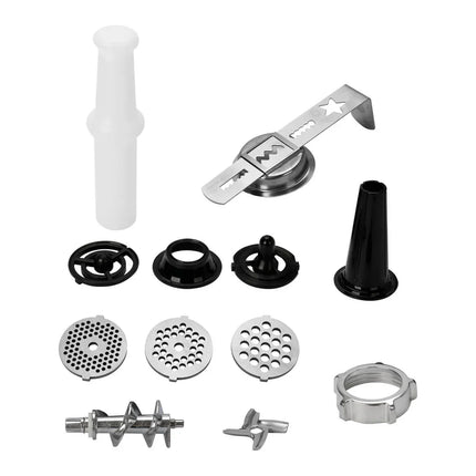 Tillbehör till köttkvarn från Nordic Cookware, inklusive metall- och plastdetaljer.