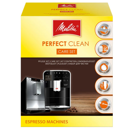 Melita Perfect Clean skötselkit för espressomaskiner, med rengöringsprodukter och maskiner