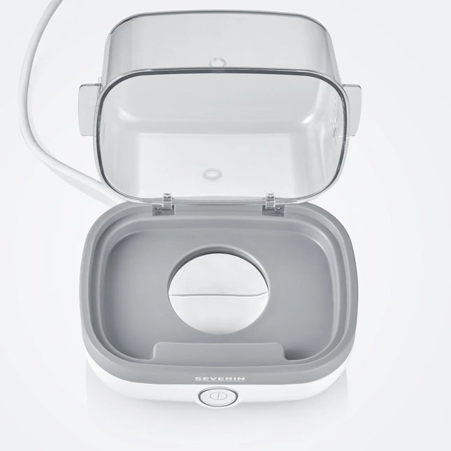 Elektrisk matlåda Severin med öppen lock, vit och grå, hos Nordic Cookware