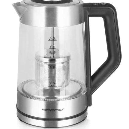 Glas vattenkokare med tesil och svart handtag från Nordic Cookware på vit bakgrund