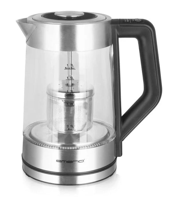 Glas vattenkokare med tesil och svart handtag från Nordic Cookware på vit bakgrund