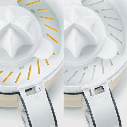 Närbild av vit citruspress från Nordic Cookware med två olika silinställningar.