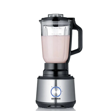 Severin mixer i rostfritt stål med rosa smoothie i kanna, Nordic Cookware köksapparat