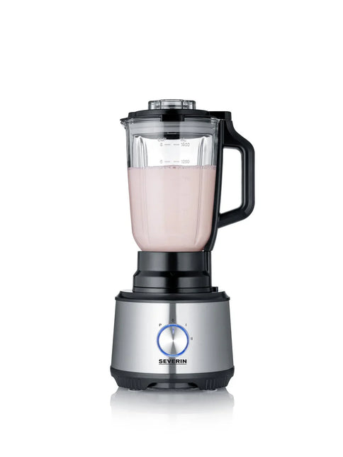 Severin mixer i rostfritt stål med rosa smoothie i kanna, Nordic Cookware köksapparat