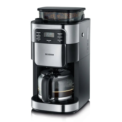 Modern kaffebryggare med kvarn, glaskanna och digital display från Severin, Nordic Cookware