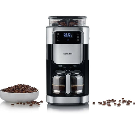 Severin kaffebryggare med kvarn, glasbehållare och kaffebönor, Nordic Cookware köksutrustning