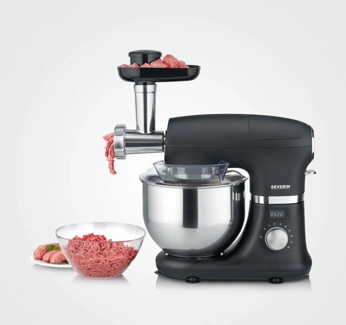 Köksmaskin från Severin med köttkvarn och malet kött, Nordic Cookware tillbehör