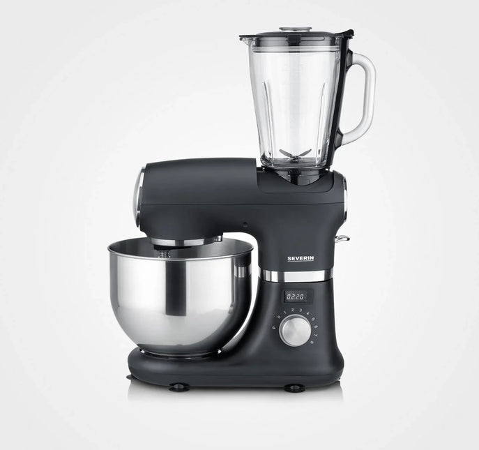 Svart köksmaskin med rostfri bunke och mixer, Severin, Nordic Cookware, vit bakgrund