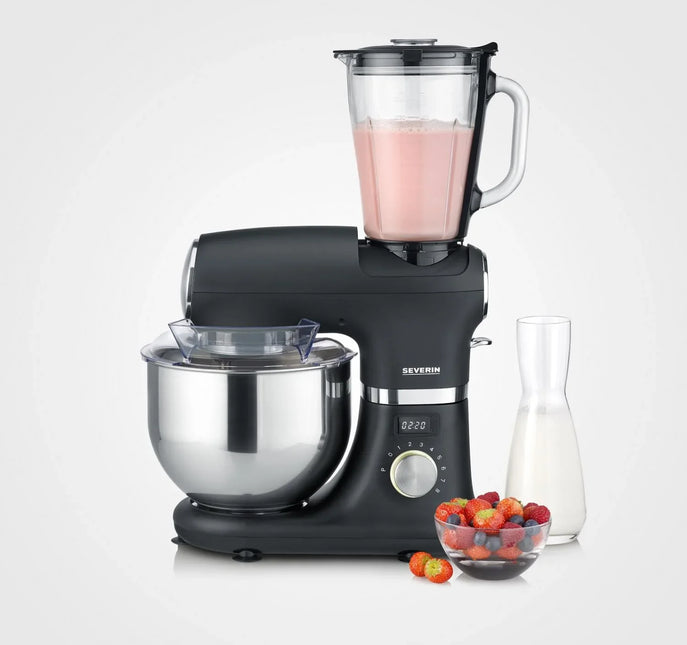 Svart köksmaskin Severin med mixer, mjölk och bärskål på vit bakgrund, Nordic Cookware