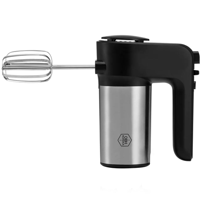 Svart och silver elvisp från OBH Nordica, modern nordisk köksutrustning på vit bakgrund.