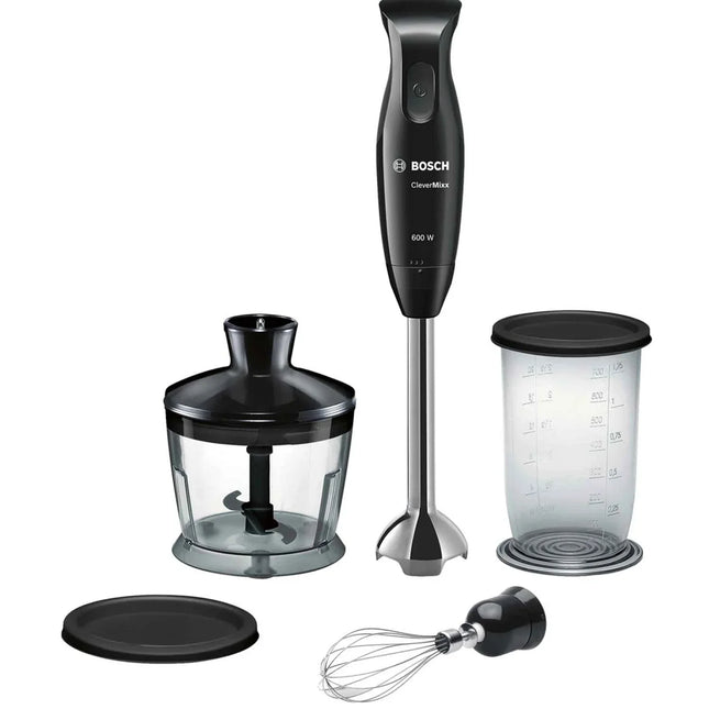 Bosch stavmixer set med visp, hackare och måttbägare på vit bakgrund, Nordic Cookware