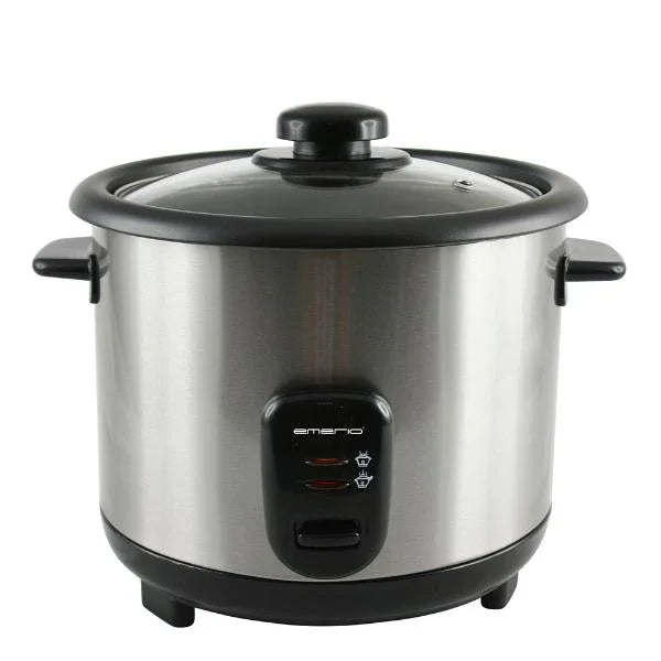 Elektrisk riskokare i rostfritt stål från Nordic Cookware, med glaslock och svarta handtag.