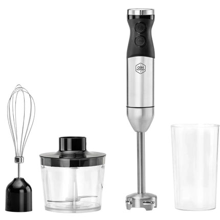 OBH Nordica stavmixer med visp, hackare och bägare på vit bakgrund, Nordic Cookware