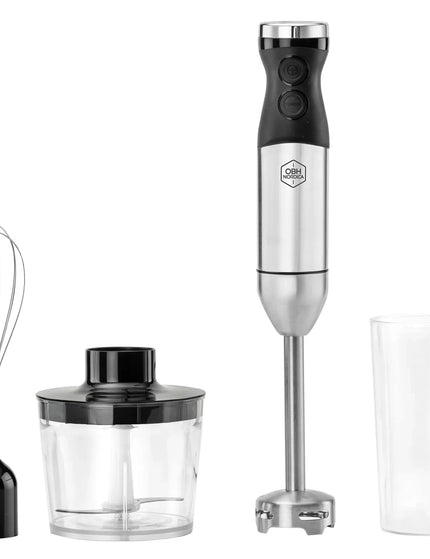 OBH Nordica stavmixer med visp, hackare och bägare på vit bakgrund, Nordic Cookware