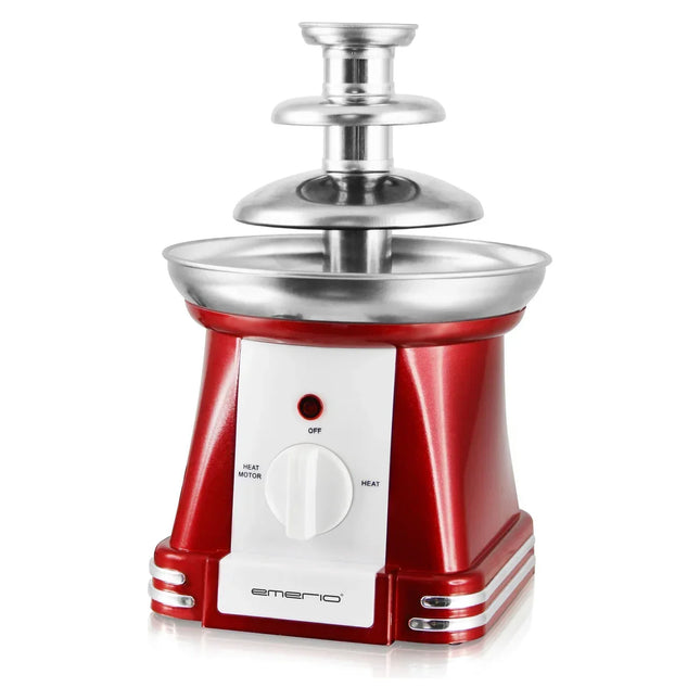 Röd chokladfontän i rostfritt stål från Nordic Cookware, modern design, vit bakgrund.