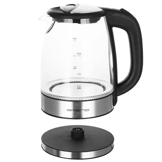 Glasvattenkokare med svart handtag och rostfria detaljer från Nordic Cookware.