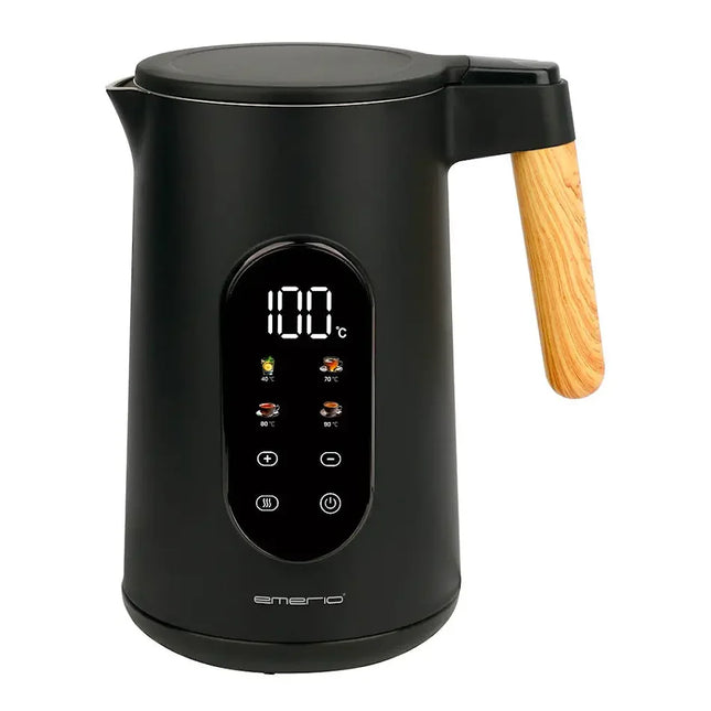 Modern svart vattenkokare med digital display och trähandtag från Nordic Cookware