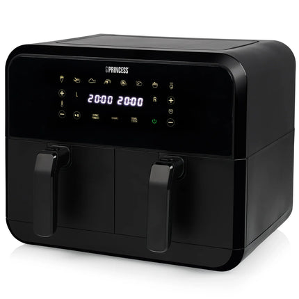 Svart Princess airfryer med digital display och dubbla korgar, modern nordisk köksutrustning.