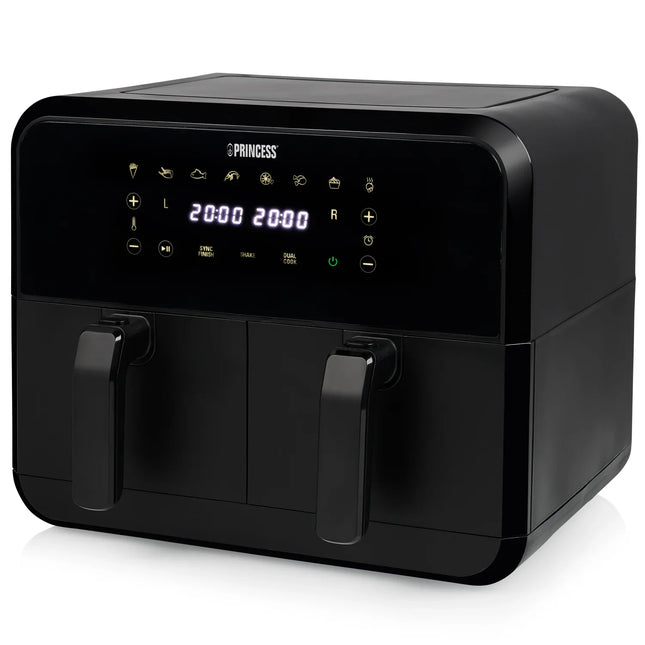 Svart Princess airfryer med digital display och dubbla korgar, modern nordisk köksutrustning.