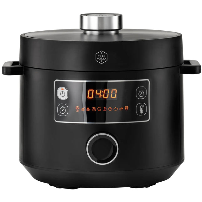 Digital svart multicooker OBH Nordica från Nordic Cookware, modern köksapparat med LED-display.