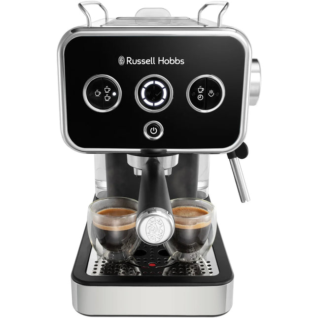 Russell Hobbs espressomaskin med två koppar kaffe, modern köksutrustning från Nordic Cookware