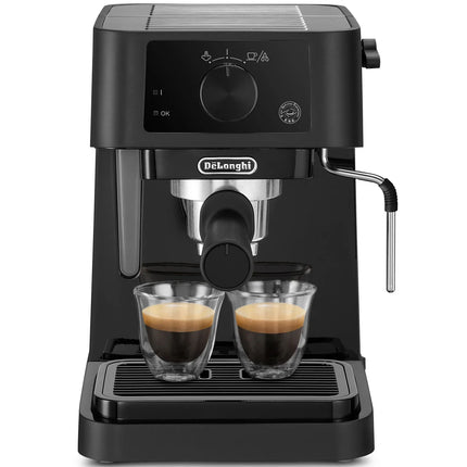 Svart DeLonghi espressomaskin med två koppar espresso, köksutrustning Nordic Cookware