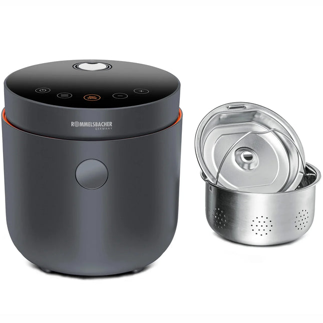 Modern svart elektrisk riskokare med löstagbar rostfri insats, Rommelsbacher, Nordic Cookware