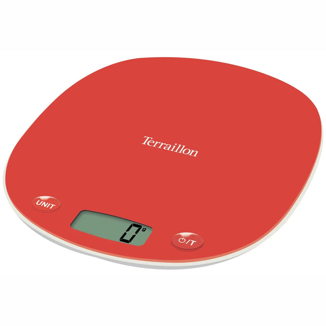 Röd digital köksvåg Terraillon med display och knappar, Nordic Cookware köksutrustning