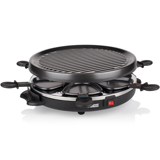 Elektrisk raclettegrill med svart grilltallrik, flera stekpannor, Nordic Cookware