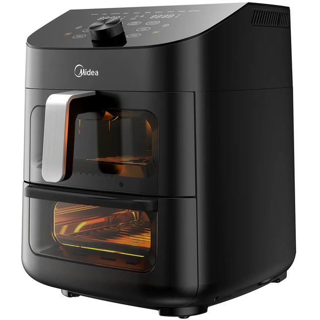 Svart varmluftsfritös Midea på köksbänk, modern design från Nordic Cookware