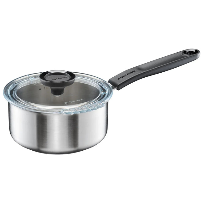 Rostfri kastrull med glaslock och svart handtag, köksredskap från Nordic Cookware