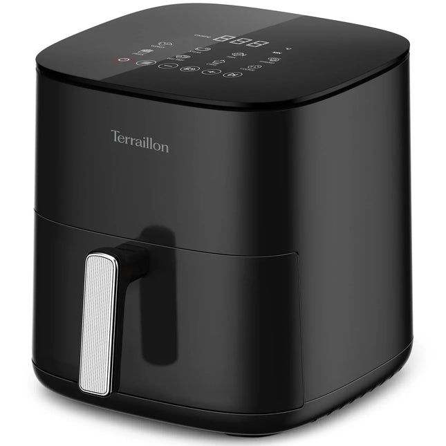 Svart varmluftsfritös Terraillon med digital touchpanel, stilren nordisk design.