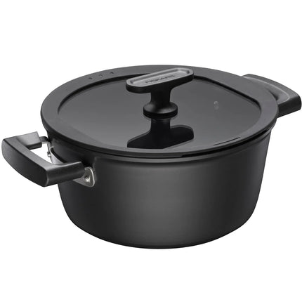 Svart gryta med glaslock och handtag, Nordic Cookware, produkt mot vit bakgrund