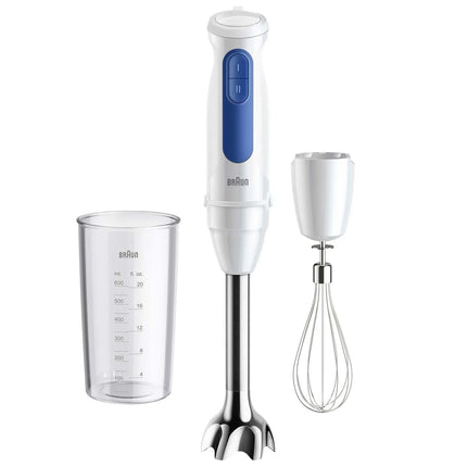 Vit stavmixer med blått handtag, visp, bägare och tillbehör från Braun, Nordic Cookware
