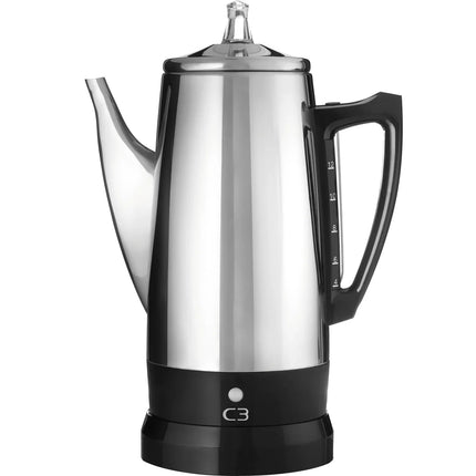 Elektrisk perkolator i rostfritt stål från Nordic Cookware med svart handtag och fot