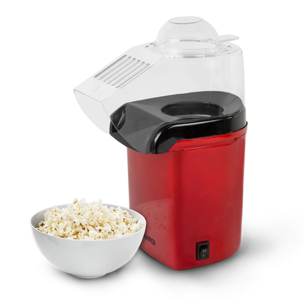 Röd popcornmaskin och skål med popcorn, köksapparat från Nordic Cookware