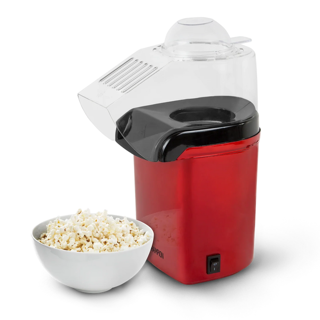 Röd popcornmaskin och skål med popcorn, köksapparat från Nordic Cookware