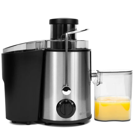 Rostfri juicemaskin med svart detalj, juicebehållare med apelsinjuice, Nordic Cookware