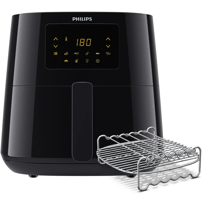 Svart Philips airfryer med digital display och metallgaller, Nordic Cookware