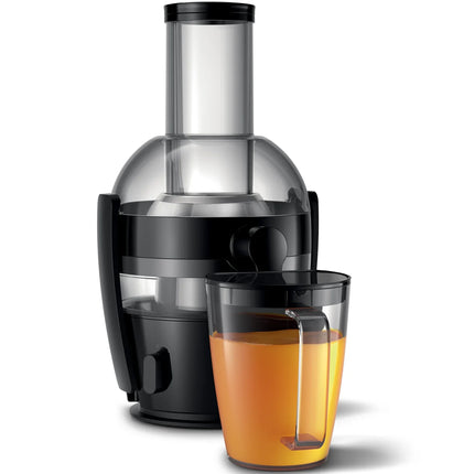 Svart juicepress med tillbringare fylld med apelsinjuice på vit bakgrund, Nordic Cookware