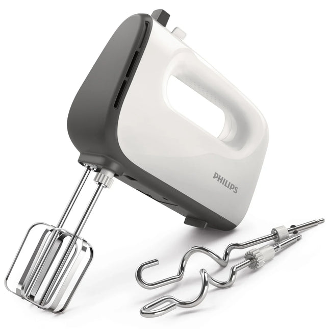 Philips elvisp i vitt och grått med vispar och degkrokar på vit bakgrund, Nordic Cookware köksredskap