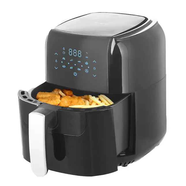 Svart airfryer med digital display, pommes frites och nuggets, Nordic Cookware köksapparat