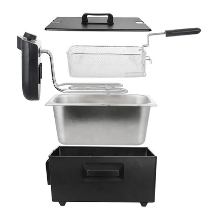 Uppdelad elektrisk fritös i delar från Nordic Cookware, inklusive lock, korg och värmeelement.