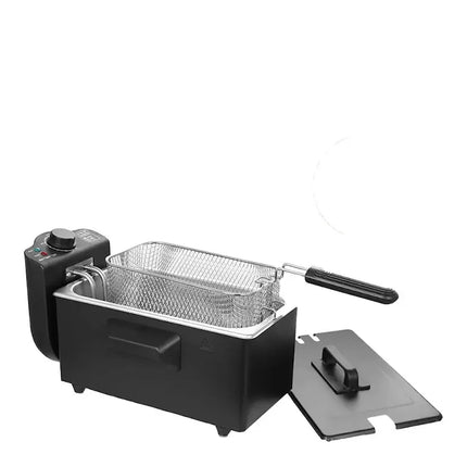 Svart elektrisk fritös med avtagbar korg och lock, Nordic Cookware köksutrustning.